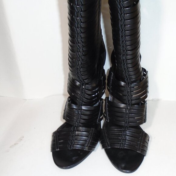 Colin Stuart Calf High Boots Stiletto Heel Pumps Skin Baring Peep Toe Black - Picture 8 of 14